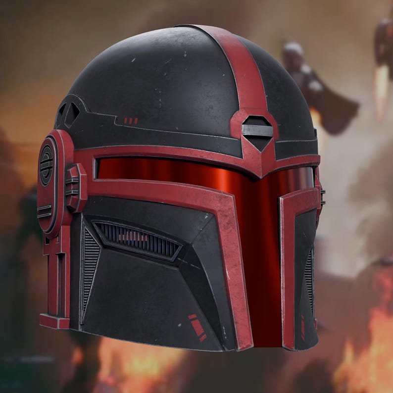 May include: A matte black helmet featuring a prominent vertical red stripe running down the center and a wide, horizontal red visor. The helmet includes red accents along the sides, ear sections, and lower face plate, with a weathered, textured finish.