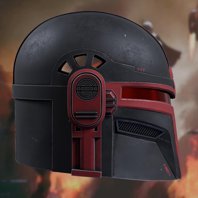 May include: A matte black helmet featuring deep red accents along the visor and side panels. The design includes a horizontal red visor slit, a vented section below the eye area, and a prominent circular mechanical detail on the side.