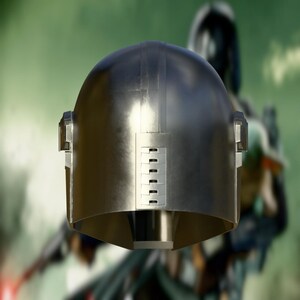 May include: A metallic silver helmet with a rounded top and a rectangular lower section. The helmet has vertical lines and a series of small rectangular cutouts. The background is blurred, suggesting a character in a costume.