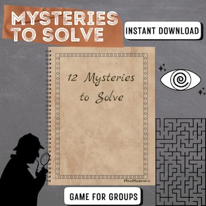 Peut inclure: Un jeu imprimable pour groupes intitulé "12 Mystères à Résoudre". La couverture présente un carnet brun avec une reliure spirale et une bordure noire. Le titre est écrit en blanc sur fond brun. Le jeu est disponible en téléchargement instantané.