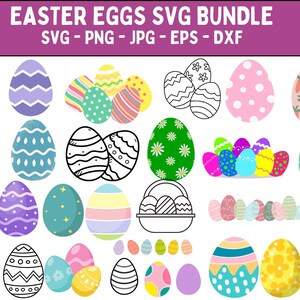 May include: A set of 30 Easter egg SVG designs in various colors and patterns, including polka dots, stripes, flowers, and carrots. The designs are perfect for crafting, scrapbooking, and other creative projects.