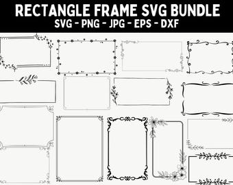 May include: A collection of black and white rectangle frame designs. The frames are decorated with floral, star, and swirl motifs. The text "RECTANGLE FRAME SVG BUNDLE" is at the top, with file type options below.