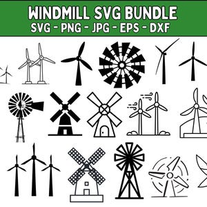 Może przedstawiać: Kolekcja czarno-białych wzorów wiatraków w różnych stylach. Obraz zawiera różne sylwetki wiatraków, w tym te z wieloma łopatami i szczegółowymi strukturami. Tekst u góry brzmi "WINDMILL SVG BUNDLE" z opcjami typu pliku.