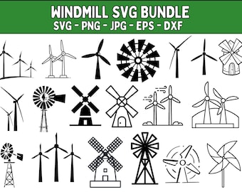 Paquete SVG de molino de viento: silueta de clipart vectorial (archivo digital)