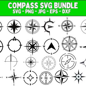 May include: A set of 20 black and white compass SVG designs. The designs include various compass styles, including traditional compass roses, arrow compasses, and minimalist compasses.