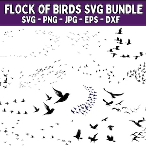 May include: A digital art bundle featuring various silhouettes of birds in flight. The designs include flocks in different formations, individual birds, and groupings. The title "FLOCK OF BIRDS SVG BUNDLE" is displayed at the top in white text on a purple background.