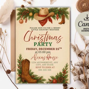 May include: A country and western Christmas party invitation featuring a cowboy hat, boots, and festive greenery. The invitation includes the text "Christmas Party" and event details. The design has a rustic, vintage aesthetic.