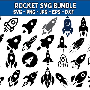 May include: A collection of rocket ship designs in various styles, including solid black, outlined, and grayscale. The image features the text "ROCKET SVG BUNDLE" at the top, with file type indicators below. The rockets are depicted with flames and various design elements.