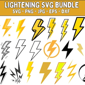 May include: A set of 20 lightning bolt illustrations in various styles. The illustrations are in black, white, and yellow. The illustrations are perfect for use in digital or print projects.