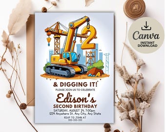Construction 2nd Birthday Invitation: Dump Truck, Excavator (Digital Download)
