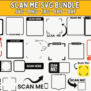Peut inclure: Ensemble de graphiques SVG noirs et blancs "Scan Me" et "Scan Here". Comprend diverses formes et designs avec le texte "Scan Me" ou "Scan Here" dans différentes polices. La bannière supérieure indique "SCAN ME SVG BUNDLE" avec les formats de fichiers.