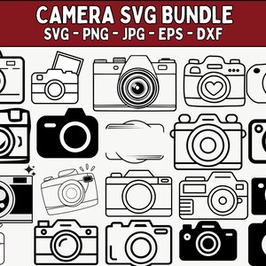 Könnte beinhalten: Eine Sammlung von schwarz-weißen Kamera-Illustrationen in verschiedenen Stilen. Das Bild enthält den Text "CAMERA SVG BUNDLE" und Dateityp-Abkürzungen: SVG, PNG, JPG, EPS und DXF.