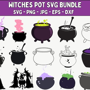 Puede incluir: Una colección de diseños de calderos de brujas en varios estilos. La imagen incluye calderos negros con pociones burbujeantes, siluetas de brujas y el texto "WITCHES POT SVG BUNDLE". Los formatos de archivo son SVG, PNG, JPG, EPS y DXF.