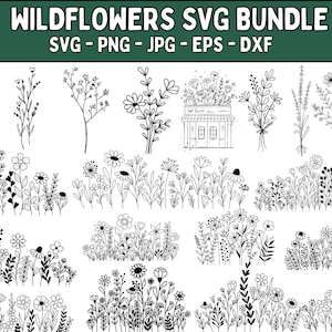 Wildblumen-Svg-Bundle, Blumenwiese-Svg, Blumenrand SVG, Minimalistischer Blumenstrauß, Wildblumen Clipart, Blumenskizze-Svg