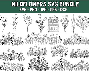 May include: Black and white line art illustrations of wildflowers, including individual stems, bouquets, and floral arrangements. The image includes the text "WILDFLOWERS SVG BUNDLE" and file type information.