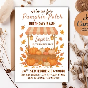 May include: A fall-themed invitation for a birthday bash. The design features a pumpkin patch illustration with pumpkins, leaves, and the text "Join us for Pumpkin Patch BIRTHDAY BASH". The invitation is for Sophia's fifth birthday, with date, time, and location details.
