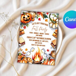 May include: A vibrant invitation for an autumn gathering, with pumpkins, leaves, and a campfire design. The text says "Let's Get Together Fall Party" with event details. The Canva logo is visible in the upper right corner.