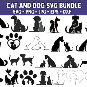 Puede incluir: Una colección de siluetas en blanco y negro de gatos y perros en varias poses. Los diseños incluyen perros y gatos interactuando, huellas de patas y formas de corazón. El texto "CAT AND DOG SVG BUNDLE" está en la parte superior.
