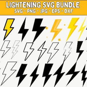May include: A collection of lightning bolt graphics in various styles and colors, including yellow, black, and outlined versions. The image includes the text "LIGHTENING SVG BUNDLE" and file type options: SVG, PNG, JPG, EPS, and DXF.