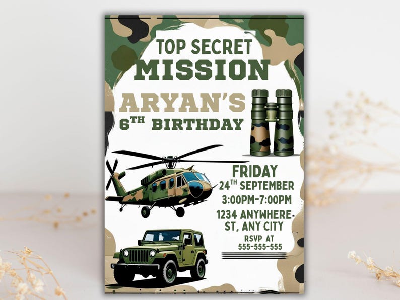 Army Birthday Invitation: Camo Soldier Party, Editable Canva Template ...