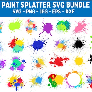 May include: A set of 30 colorful paint splatter SVG files. The splatters are in various colors, including red, blue, green, yellow, purple, and black. The splatters are in different sizes and shapes. The files are perfect for creating unique designs for t-shirts, mugs, tote bags, and more.
