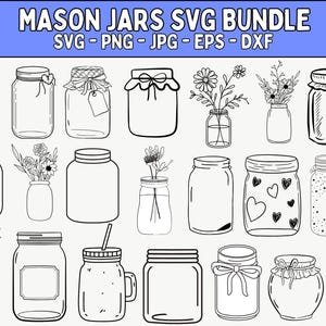 Puede incluir: Ilustración en blanco y negro de varios tarros Mason con diferentes diseños, incluyendo tarros con flores, corazones y cintas. El texto "MASON JARS SVG BUNDLE" está en la parte superior.