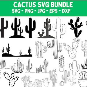 Puede incluir: Un paquete de descarga digital en blanco y negro de archivos SVG de cactus. El paquete incluye una variedad de diseños de cactus, incluidos cactus tradicionales, cactus en flor y cactus con flores. El texto "Cactus SVG Bundle" y "SVG - PNG - JPG - EPS - DXF" está incluido en la imagen.