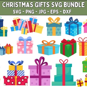 Puede incluir: Una colección de cajas de regalo ilustradas y coloridas con lazos, en varios tamaños y formas. La imagen incluye el texto "CHRISTMAS GIFTS SVG BUNDLE" y opciones de tipo de archivo: SVG, PNG, JPG, EPS y DXF.