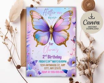 Faire-part d'anniversaire papillon modifiable - Invitation florale arc-en-ciel de jardin, design fantaisiste, téléchargement immédiat