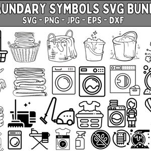 Op de afbeelding: Zwart-wit illustraties van wassymbolen, waaronder wasmachines, wasmanden en schoonmaakartikelen. De tekst "LAUNDRY SYMBOLS SVG BUNDLE" staat bovenaan. Formaten: SVG, PNG, JPG, EPS, DXF.