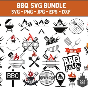 以下が含まれることがあります： 白黒のBBQ SVGデザイン20個セット。デザインには、グリル、炎、スパチュラ、フォーク、そして「BBQ」と「BBQパーティー」の文字が含まれています。