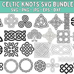 Może przedstawiać: Kolekcja wzorów węzłów celtyckich w kolorze czarno-białym. Obraz zawiera różne skomplikowane wzory węzłów, w tym spirale, krzyże i splecione kształty. Tekst "Celtic Knots SVG Bundle" znajduje się na górze, z opcjami typu pliku poniżej.