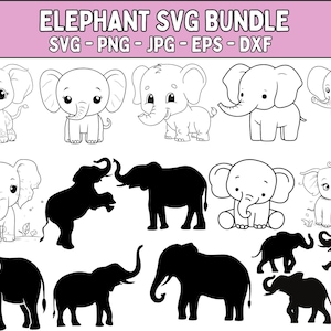 May include: An "ELEPHANT SVG BUNDLE" graphic with various elephant designs. The image includes both outlined and solid black elephant illustrations, showcasing different poses and styles. The text at the top indicates the file types: SVG, PNG, JPG, EPS, and DXF.