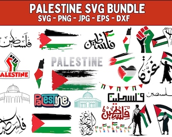 May include: A collection of Palestine-themed SVG graphics. The designs include the Palestinian flag, maps, and Arabic calligraphy. The color palette features red, black, white, and green. Text includes "PALESTINE SVG BUNDLE" and "PALESTINE".