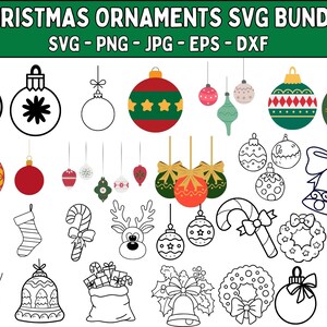 Op de afbeelding: Een verzameling kerst-thema SVG-afbeeldingen, waaronder ornamenten, bellen, zuurstokken en een rendier. De afbeelding bevat zowel gekleurde als zwart-wit ontwerpen, met de tekst "CHRISTMAS ORNAMENTS SVG BUNDLE" bovenaan.