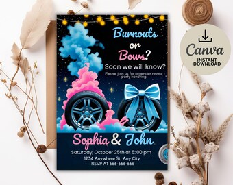 May include: A gender reveal party invitation with the text "Burnouts or Bows?" featuring two car tires with pink and blue smoke. The invitation includes the names Sophia & John, date, time, and RSVP information.