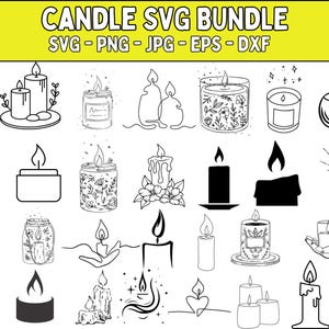 Puede incluir: Una colección de 25 diseños de velas SVG en blanco y negro. Los diseños incluyen varias formas, tamaños y estilos de velas, incluidas velas con acentos florales, velas en frascos y velas con llamas.