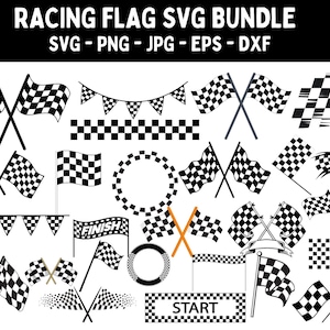Op de afbeelding: Een set zwarte en witte geruite racevlag SVG-bestanden. De set bevat verschillende ontwerpen, waaronder vlaggen, banners en een finishlijn. De tekst "SVG - PNG - JPG - EPS - DXF" is opgenomen in de afbeelding.