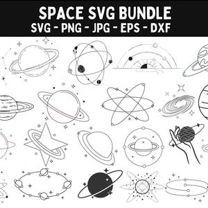 Pode incluir: Ilustrações em preto e branco de elementos espaciais, incluindo planetas com anéis, constelações, galáxias e modelos atómicos. O texto "SPACE SVG BUNDLE" está no topo, com abreviações de tipos de ficheiro.
