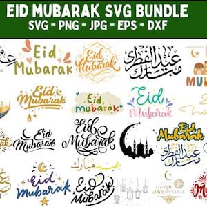May include: A collection of 20 colorful digital designs featuring the phrase "Eid Mubarak" in various styles and languages. The designs include Arabic calligraphy, illustrations of crescent moons, stars, and lanterns, and the words "Eid Mubarak" in English and Arabic.
