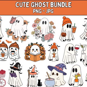 Cute Ghost Halloween svg Bundle, Retro Ghost png, Retro Floral Ghost png, Dog Ghost svg, Ghost Reading svg, Spooky Season, Halloween png