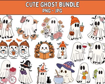 May include: A collection of cute ghost illustrations in various poses. Some ghosts hold drinks, wear hats, or are surrounded by flowers. The text "CUTE GHOST BUNDLE PNG - JPG" is at the top in orange.