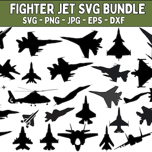 May include: A selection of black fighter jet silhouettes in different designs and orientations. The image features the text "FIGHTER JET SVG BUNDLE" and file type indicators: SVG, PNG, JPG, EPS, and DXF.