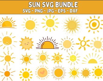 Może przedstawiać: Kolekcja żółtych ilustracji słońca w różnych stylach. Obraz zawiera tekst "SUN SVG BUNDLE" oraz wskaźniki typów plików: SVG, PNG, JPG, EPS i DXF. Projekty słońca są zróżnicowane, od prostych do szczegółowych.