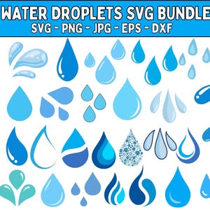 May include: A collection of blue water droplet designs in various shapes and shades, including teardrops, splashes, and stylized forms. The text "WATER DROPLETS SVG BUNDLE" is displayed at the top, with file type indicators below.