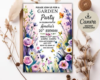Wildflower Garden Birthday Invitation: Editable Floral Canva Template (Digital Download