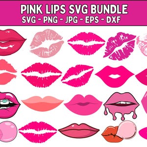 以下が含まれることがあります： さまざまなピンクの唇のデザインを特徴とするデジタルグラフィックバンドル。画像には、口紅の跡やブレース付きの唇など、さまざまなスタイルの唇の複数のイラストが含まれています。「PINK LIPS SVG BUNDLE」というテキストが上部にあります。