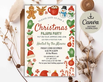 Christmas Pajama Party Invitation: Watercolor Slippers, Editable Template (Digital Download)