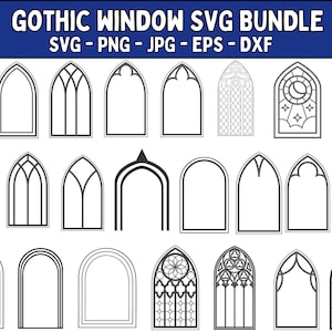 May include: A digital bundle of Gothic window designs in SVG, PNG, JPG, EPS, and DXF formats. The image displays a variety of arched window shapes with detailed patterns, sunbursts, and celestial designs. The designs are in black and white.