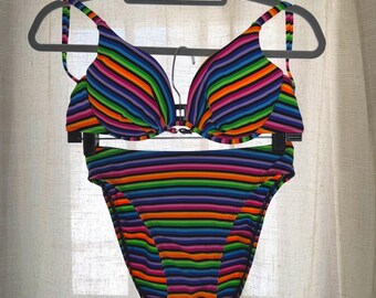 90s Vintage Catalina Rainbow Bikini Neon Stripe Swim Suit High Waist Size Small